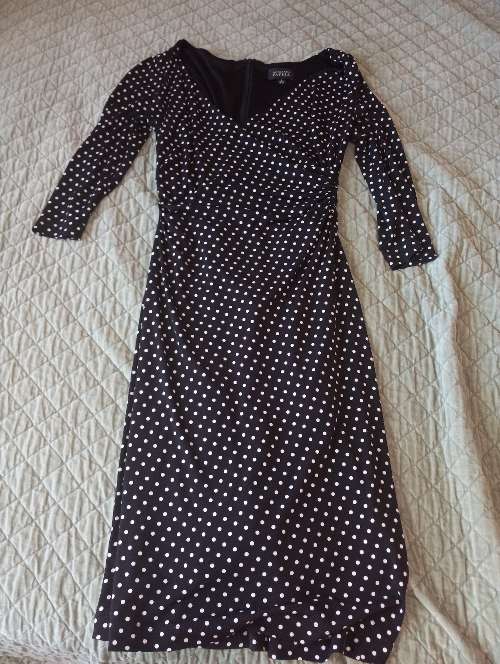 Adrianna Papell Black & White Polka Dot Midi Faux Wrap Dress Size 6